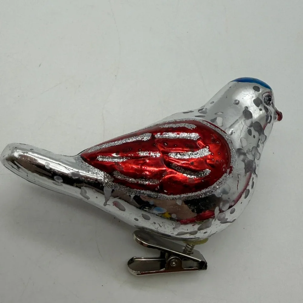 Bird Christmas Ornaments Red Cardinal Silver Songbird Clip-On Plastic